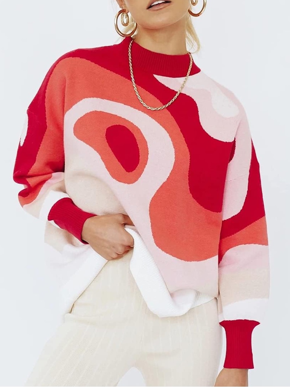 VRG GRL Abstract Mock Neck Oversized Red Pink Swirl Sweater Novelty Kitsch Funky